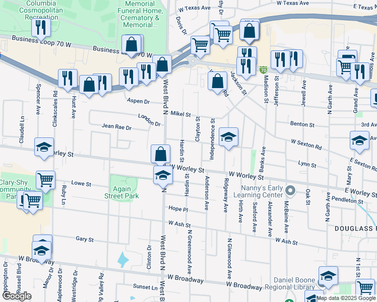map of restaurants, bars, coffee shops, grocery stores, and more near 814 Donnelly Avenue in Columbia