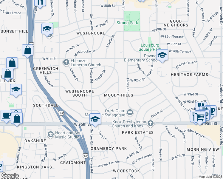 map of restaurants, bars, coffee shops, grocery stores, and more near 10014 West 92nd Place in Overland Park