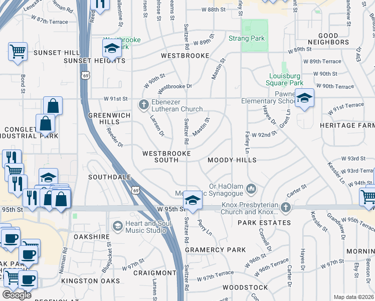 map of restaurants, bars, coffee shops, grocery stores, and more near 9218 Switzer Street in Overland Park