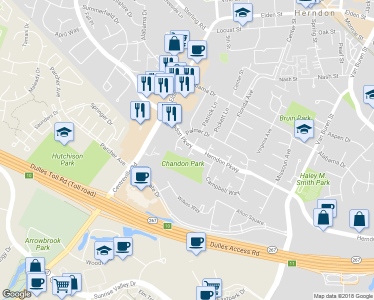 map of restaurants, bars, coffee shops, grocery stores, and more near 357 Juniper Court in Herndon