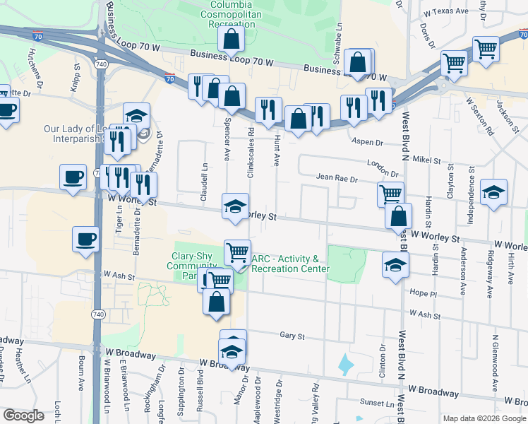map of restaurants, bars, coffee shops, grocery stores, and more near 511 Hunt Avenue in Columbia