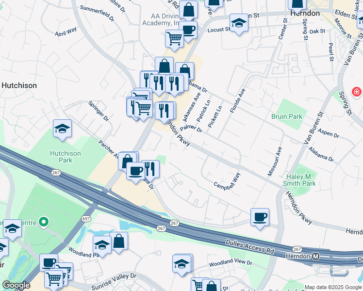 map of restaurants, bars, coffee shops, grocery stores, and more near 357 Juniper Court in Herndon