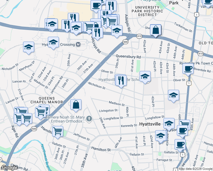 map of restaurants, bars, coffee shops, grocery stores, and more near 101 Independence Avenue Southeast in Washington