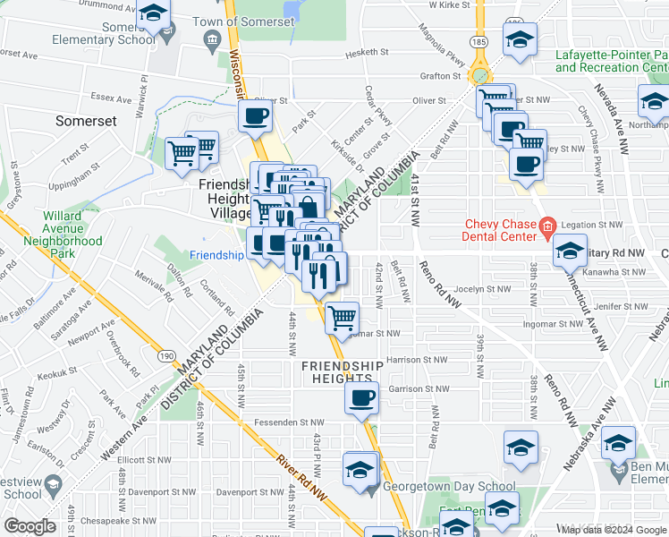 map of restaurants, bars, coffee shops, grocery stores, and more near 5352 43rd Street Northwest in Washington