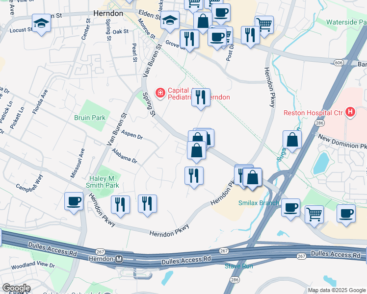 map of restaurants, bars, coffee shops, grocery stores, and more near 102 Quietwalk Lane in Herndon