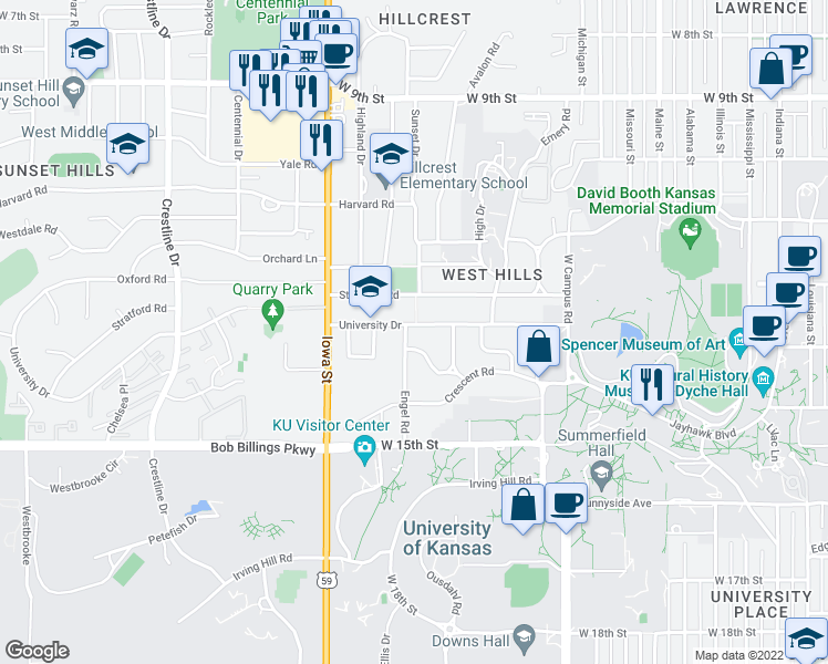 map of restaurants, bars, coffee shops, grocery stores, and more near 1702 W University Dr in Lawrence