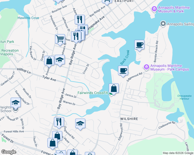 map of restaurants, bars, coffee shops, grocery stores, and more near 755 Fairview Avenue in Annapolis