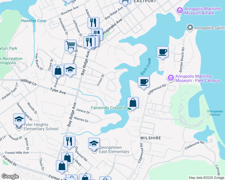 map of restaurants, bars, coffee shops, grocery stores, and more near 755 Fairview Avenue in Annapolis