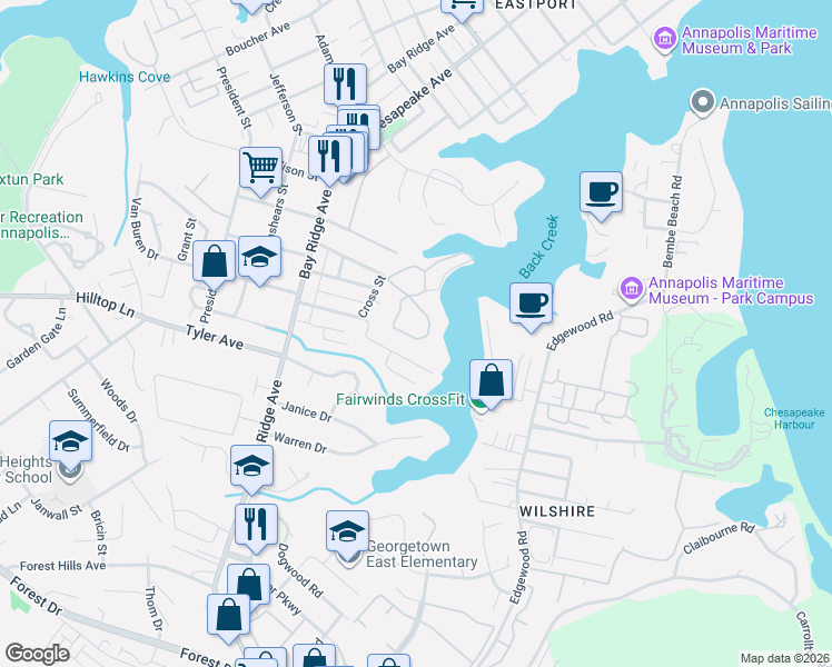 map of restaurants, bars, coffee shops, grocery stores, and more near 755 Fairview Avenue in Annapolis