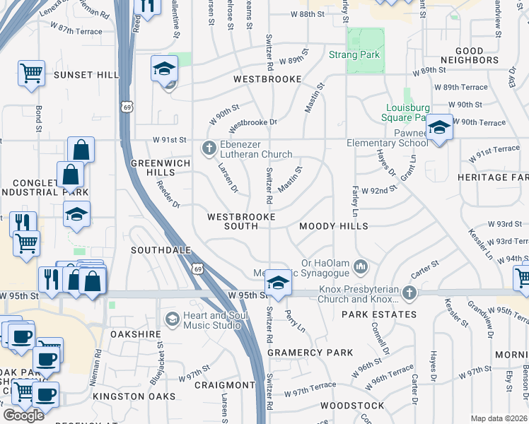 map of restaurants, bars, coffee shops, grocery stores, and more near 9218 Switzer Street in Overland Park