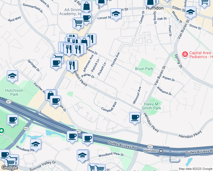map of restaurants, bars, coffee shops, grocery stores, and more near 724 Palmer Drive in Herndon