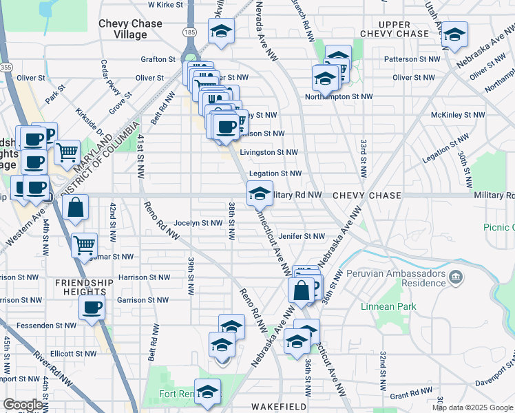 map of restaurants, bars, coffee shops, grocery stores, and more near 5333 Connecticut Avenue Northwest in Washington