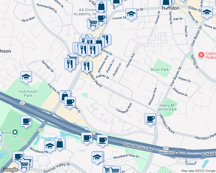 map of restaurants, bars, coffee shops, grocery stores, and more near 403 Magnolia Court in Herndon