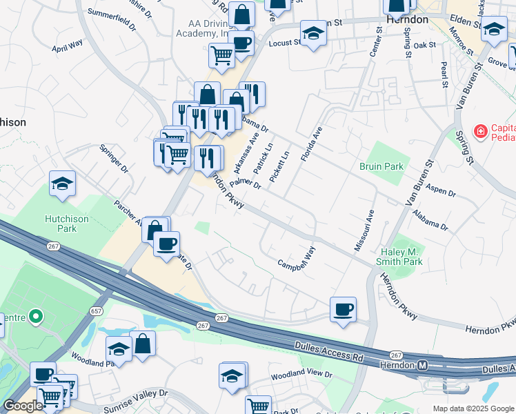 map of restaurants, bars, coffee shops, grocery stores, and more near 403 Magnolia Court in Herndon