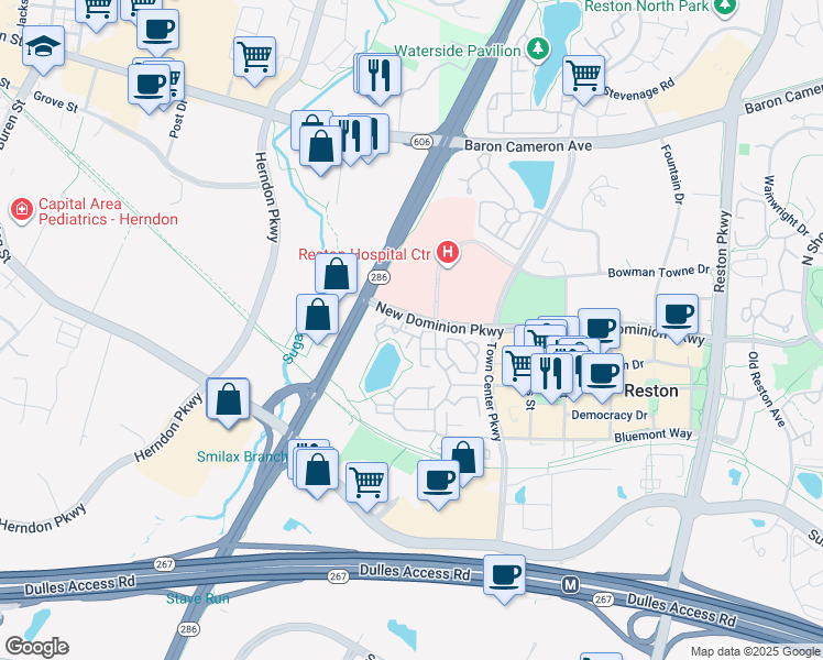 map of restaurants, bars, coffee shops, grocery stores, and more near 12180 Abington Hall Place in Reston