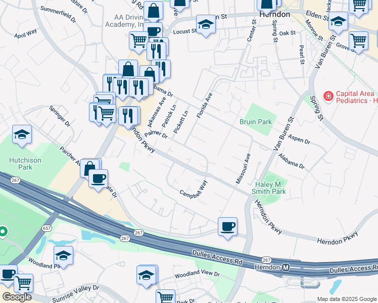 map of restaurants, bars, coffee shops, grocery stores, and more near 724 Palmer Drive in Herndon