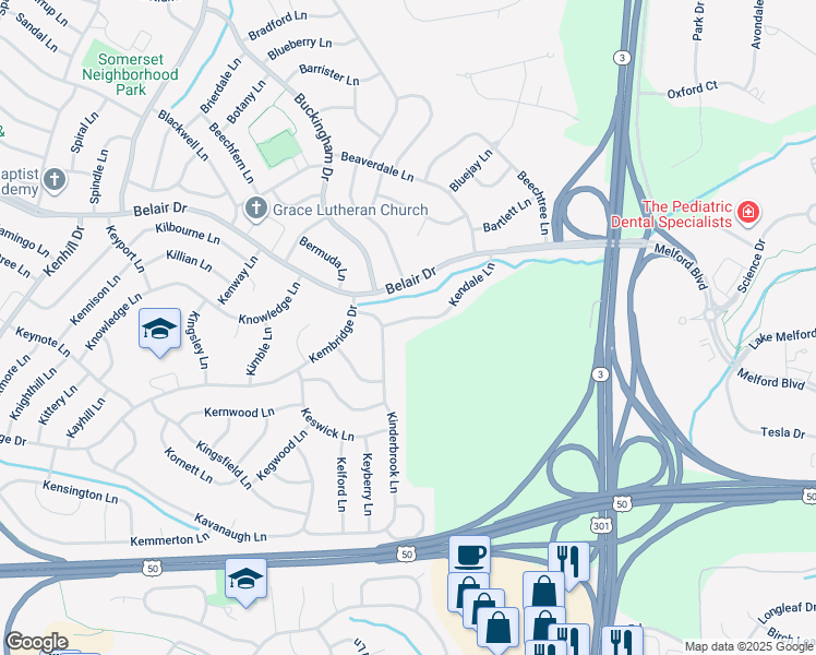 map of restaurants, bars, coffee shops, grocery stores, and more near 12805 Kendale Lane in Bowie