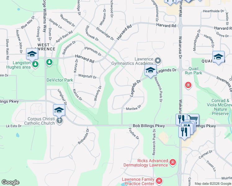 map of restaurants, bars, coffee shops, grocery stores, and more near 1349 Stone Creek Drive in Lawrence