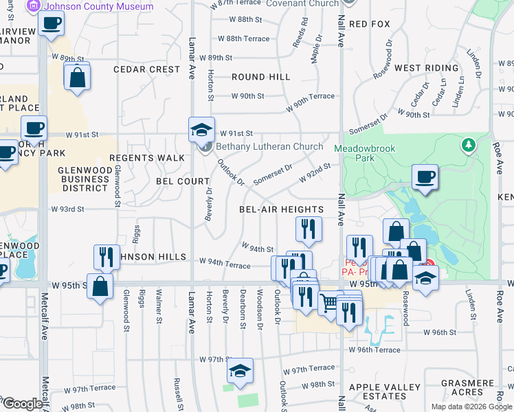 map of restaurants, bars, coffee shops, grocery stores, and more near 9227 Somerset Drive in Overland Park