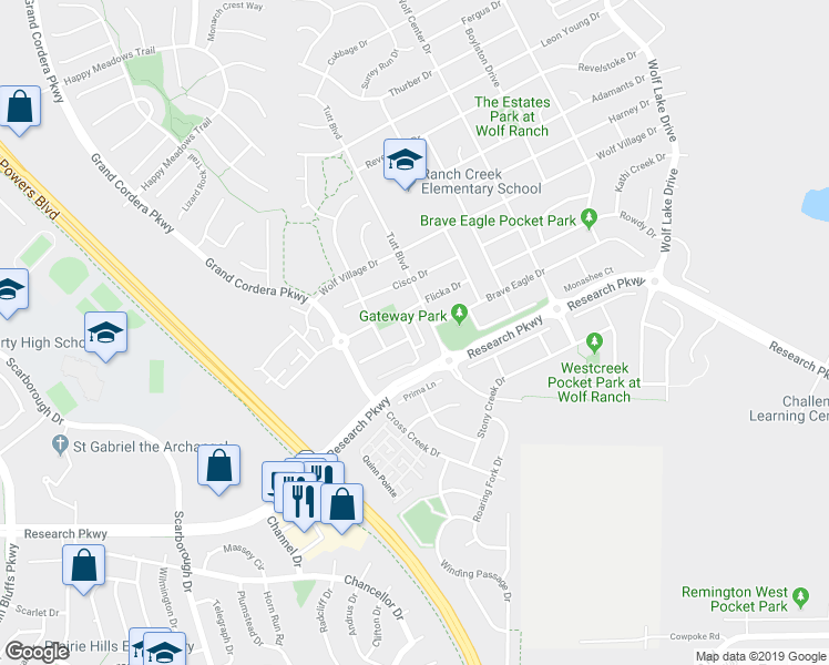 map of restaurants, bars, coffee shops, grocery stores, and more near 5647 Flicka Drive in Colorado Springs