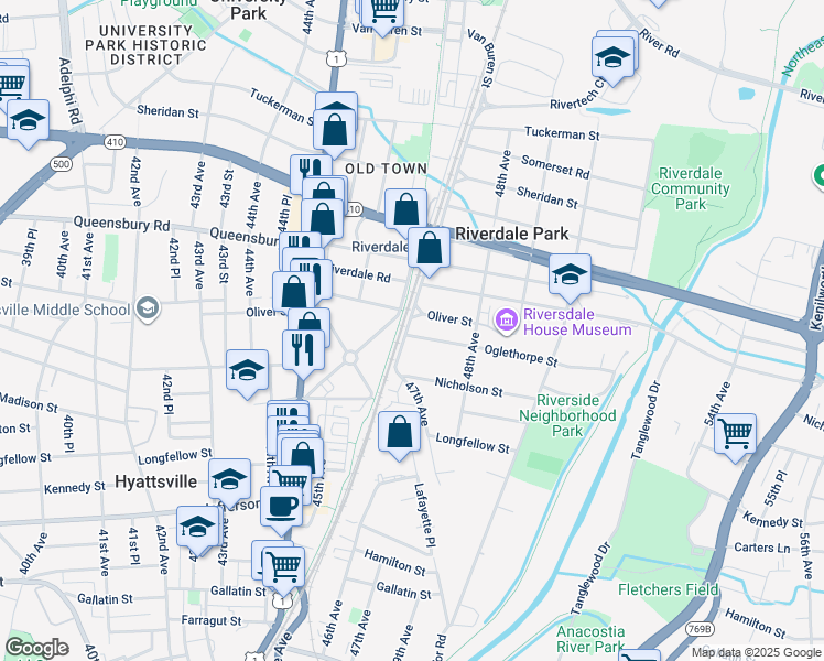 map of restaurants, bars, coffee shops, grocery stores, and more near 6001 Lafayette Avenue in Riverdale Park