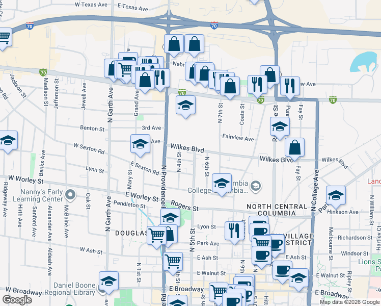 map of restaurants, bars, coffee shops, grocery stores, and more near 410 Wilkes Boulevard in Columbia