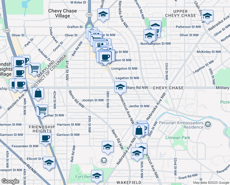 map of restaurants, bars, coffee shops, grocery stores, and more near 3749 1/2 Kanawha Street Northwest in Washington