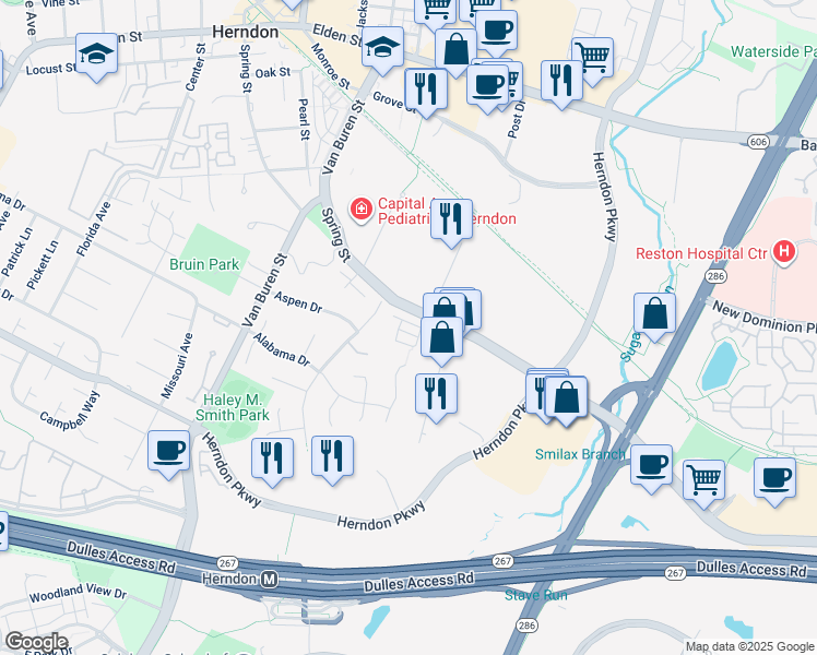 map of restaurants, bars, coffee shops, grocery stores, and more near 108 Quietwalk Lane in Herndon