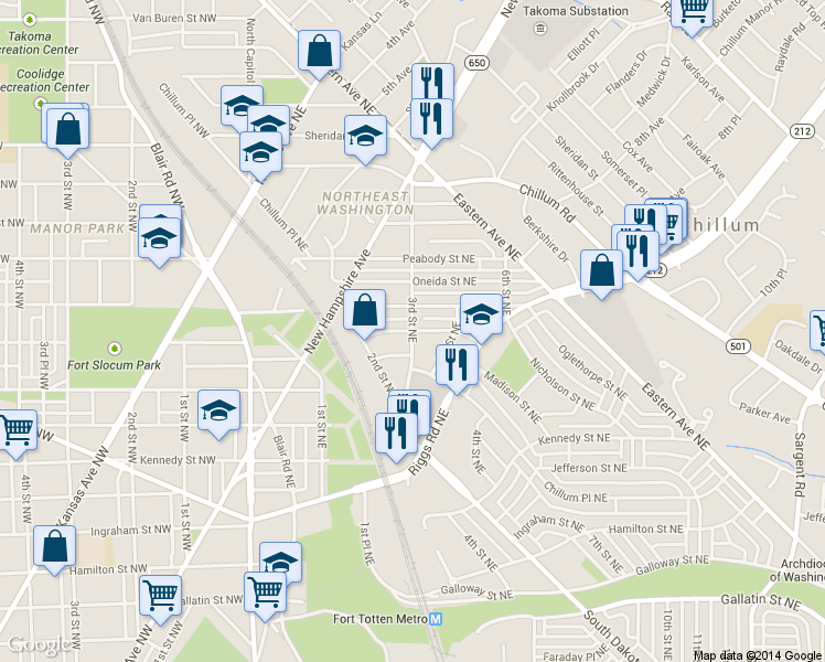 map of restaurants, bars, coffee shops, grocery stores, and more near 3rd St NE & Nicholson St NE in Washington