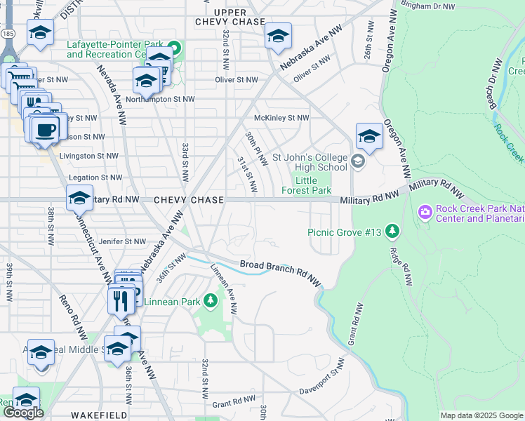 map of restaurants, bars, coffee shops, grocery stores, and more near 3050 Military Road Northwest in Washington
