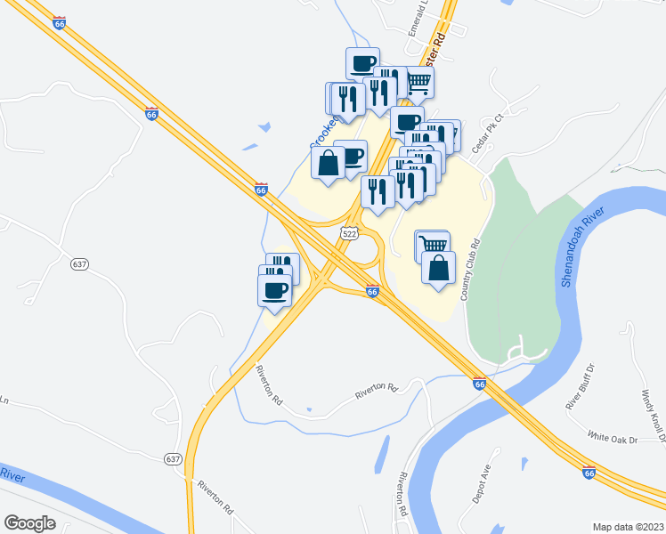 map of restaurants, bars, coffee shops, grocery stores, and more near Route 522 in Front Royal