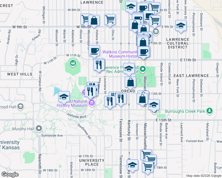 map of restaurants, bars, coffee shops, grocery stores, and more near 1223 Ohio Street in Lawrence