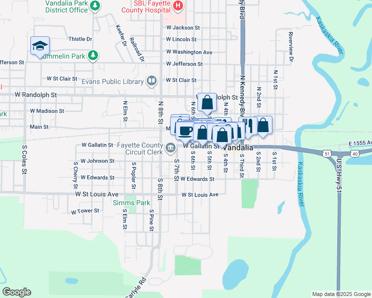 map of restaurants, bars, coffee shops, grocery stores, and more near 629 West Gallatin Street in Vandalia