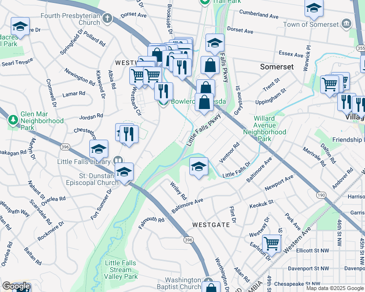 map of restaurants, bars, coffee shops, grocery stores, and more near 5200 Willet Bridge Court in Bethesda