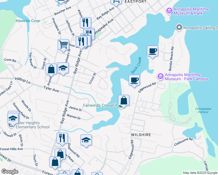 map of restaurants, bars, coffee shops, grocery stores, and more near 762 Fairview Avenue in Annapolis