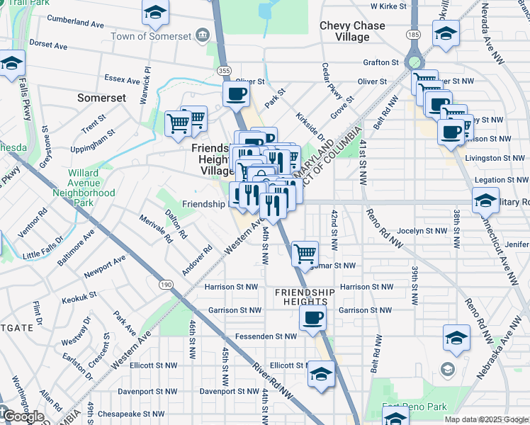 map of restaurants, bars, coffee shops, grocery stores, and more near 5300 Western Avenue in Chevy Chase