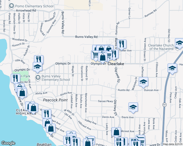 map of restaurants, bars, coffee shops, grocery stores, and more near 3555 Mattioda Court in Clearlake