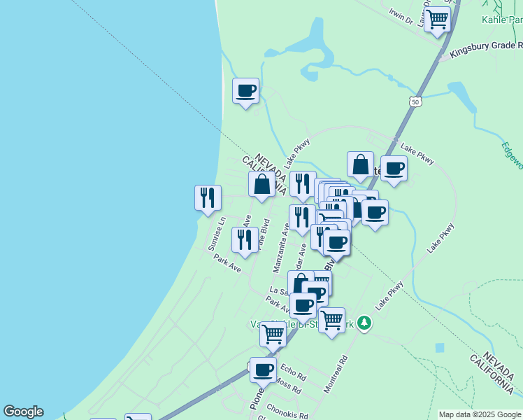 map of restaurants, bars, coffee shops, grocery stores, and more near 4127 Pine Boulevard in South Lake Tahoe