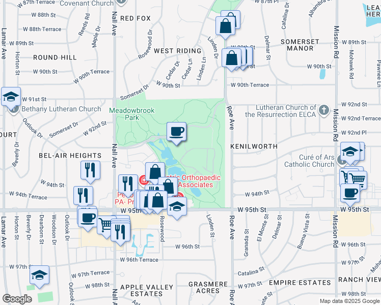 map of restaurants, bars, coffee shops, grocery stores, and more near 9365 Cedar Reserve Drive in Prairie Village