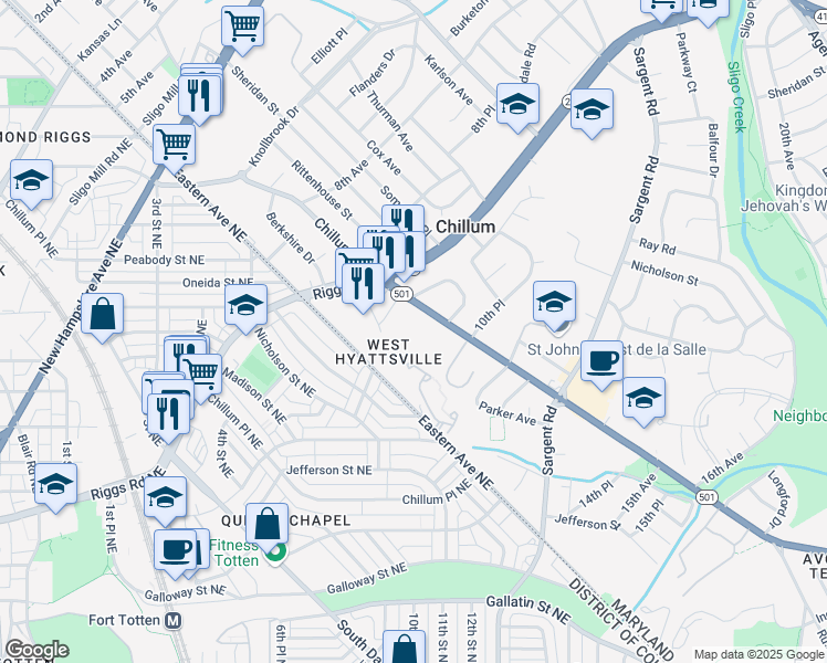 map of restaurants, bars, coffee shops, grocery stores, and more near 1001 Chillum Road in Hyattsville
