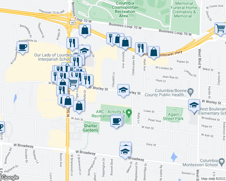 map of restaurants, bars, coffee shops, grocery stores, and more near 1715 West Worley Street in Columbia