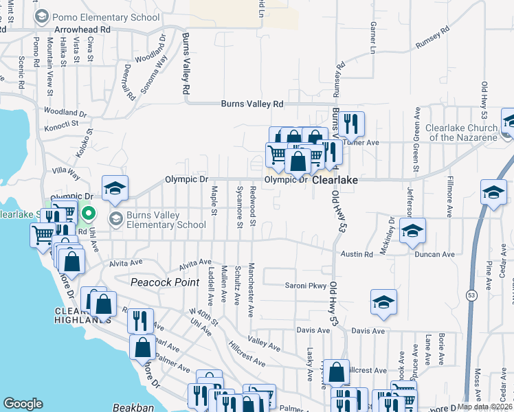 map of restaurants, bars, coffee shops, grocery stores, and more near 3555 Mattioda Court in Clearlake