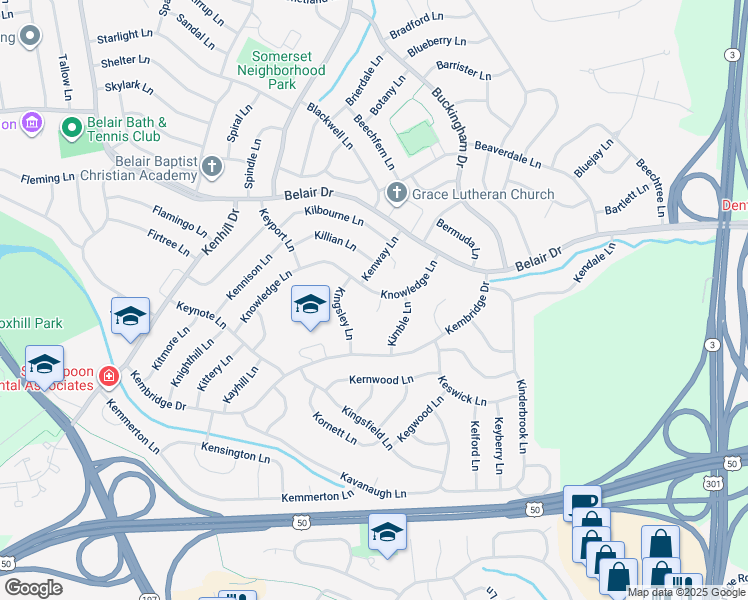 map of restaurants, bars, coffee shops, grocery stores, and more near 12609 Knowledge Lane in Bowie
