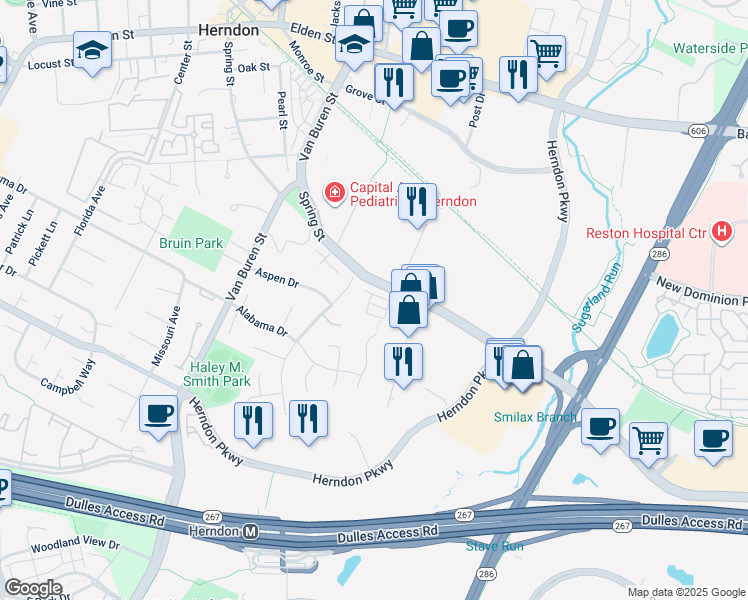 map of restaurants, bars, coffee shops, grocery stores, and more near 112 Quietwalk Lane in Herndon