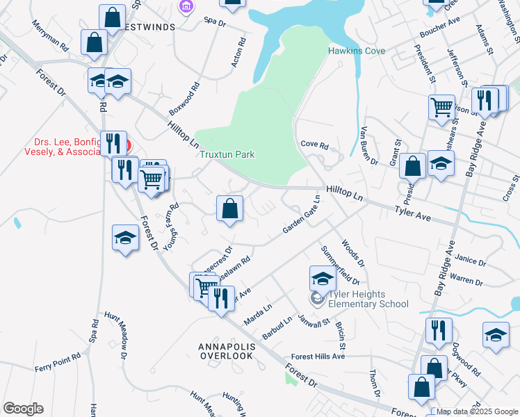 map of restaurants, bars, coffee shops, grocery stores, and more near 52 Primrose Hill Lane in Annapolis
