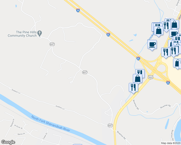 map of restaurants, bars, coffee shops, grocery stores, and more near 3631 Guard Hill Road in Front Royal