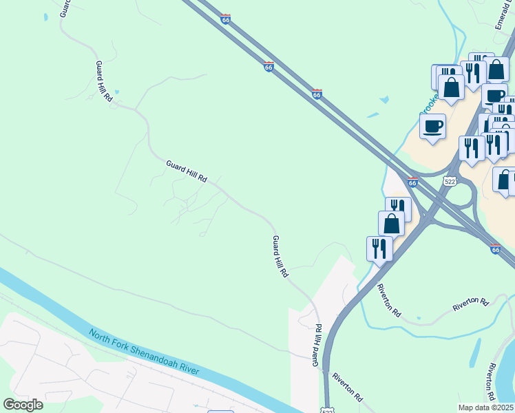 map of restaurants, bars, coffee shops, grocery stores, and more near 3631 Guard Hill Road in Front Royal