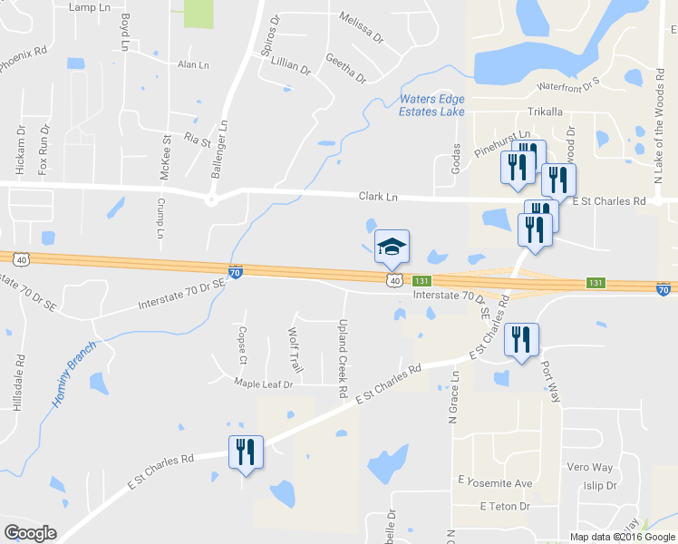 map of restaurants, bars, coffee shops, grocery stores, and more near Interstate 70 in Columbia