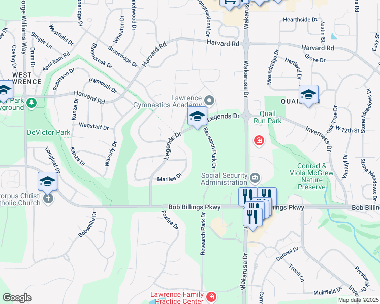 map of restaurants, bars, coffee shops, grocery stores, and more near 1418 Marilee Dr in Lawrence