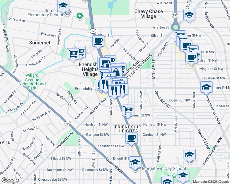 map of restaurants, bars, coffee shops, grocery stores, and more near 5335 Wisconsin Avenue in Washington
